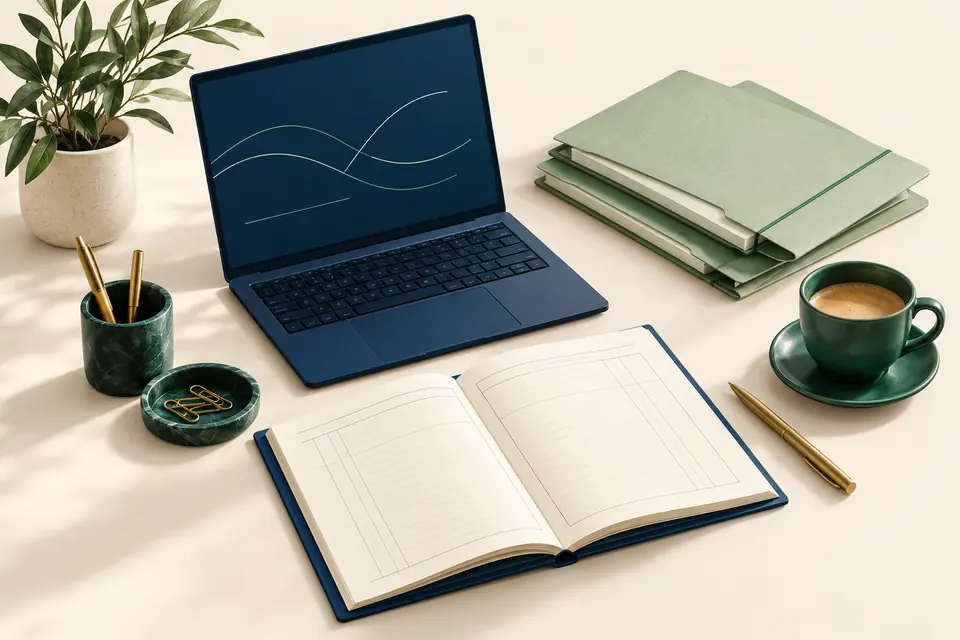 Illustration of an organized finance workspace with a ledger, laptop and green folders.